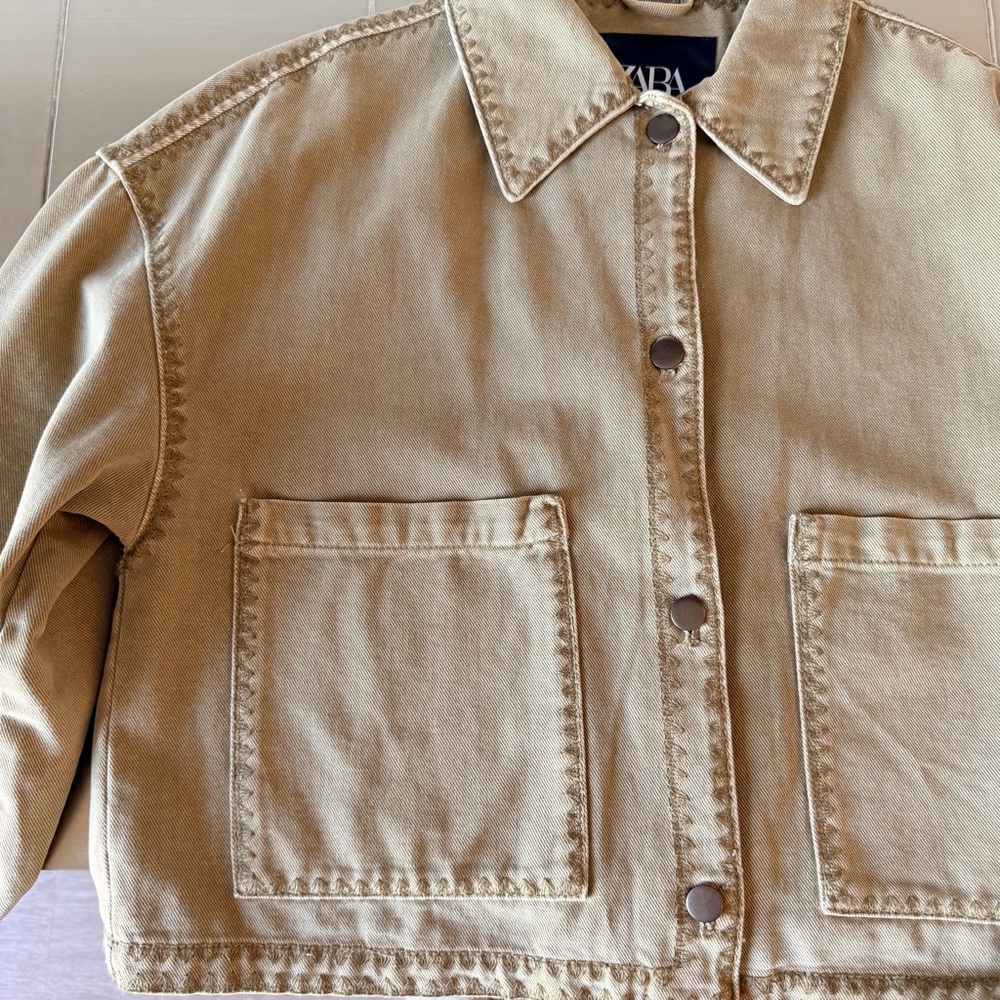 ZARA Oversized Cotton Utility Overshirt Khaki Green Topstitch Jacket Size Small - Picture 7 of 10